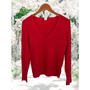 J.Crew Red Cable Knit V-Neck Sweater M Wool Cashmere Blend Long Sleeve